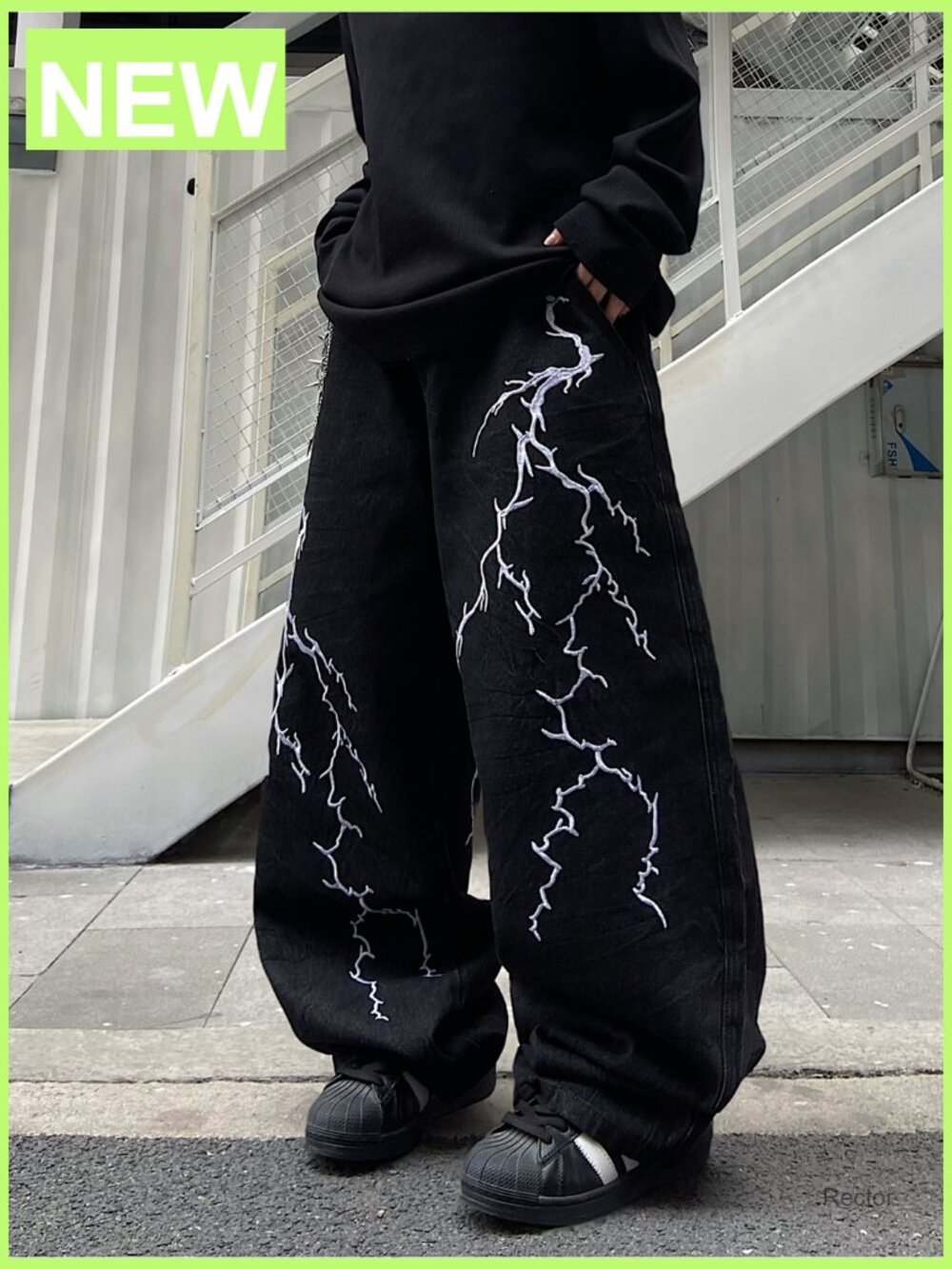 Men’s Hip-Hop Embroidered Baggy Jeans Loose Fit Denim Trousers - Picture 6 of 6